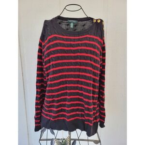 Ralph Lauren Sweater Womens Size 2X Red Black Striped Cable Knit LRL Gold Button
